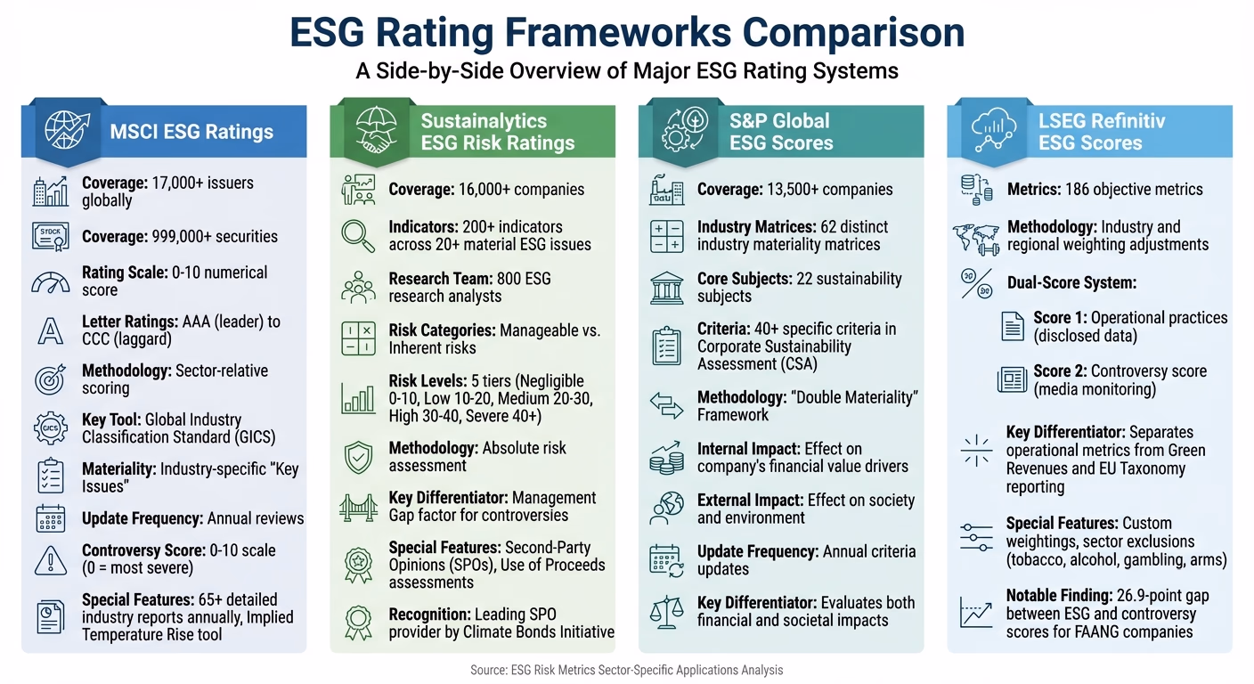 Comparison of Four Major ESG Rating Frameworks: MSCI, Sustainalytics, S&P Global, and LSEG Refinitiv