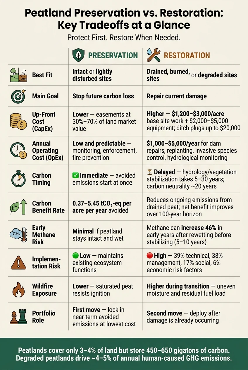 Peatland Preservation vs Restoration: Cost, Carbon & Risk Comparison