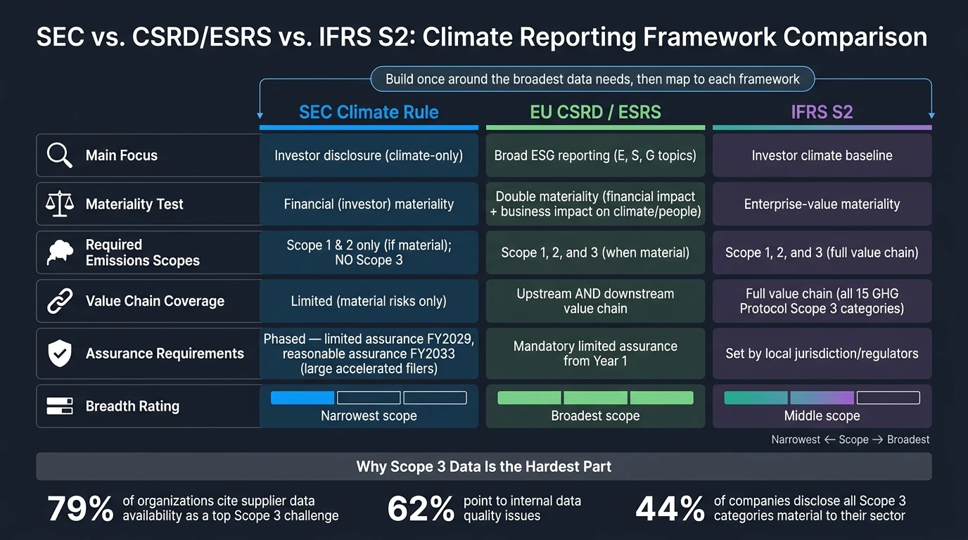 SEC vs. CSRD/ESRS vs. IFRS S2: Climate Reporting Framework Comparison