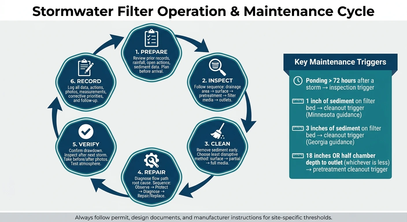 Stormwater Filter O&M Cycle: Inspect, Clean, Repair, Verify