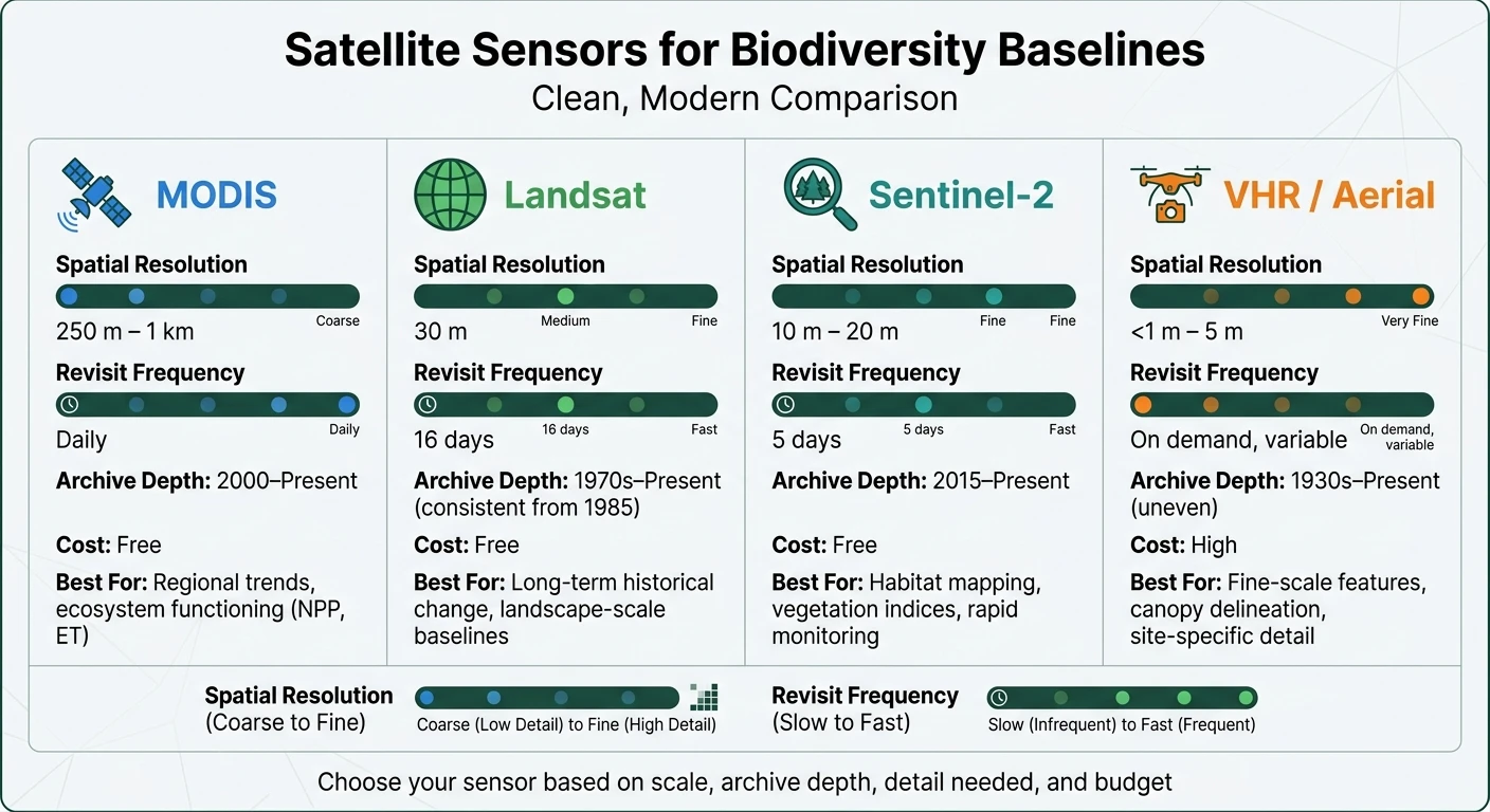 Satellite Sensors for Biodiversity Baselines: A Quick Comparison Guide