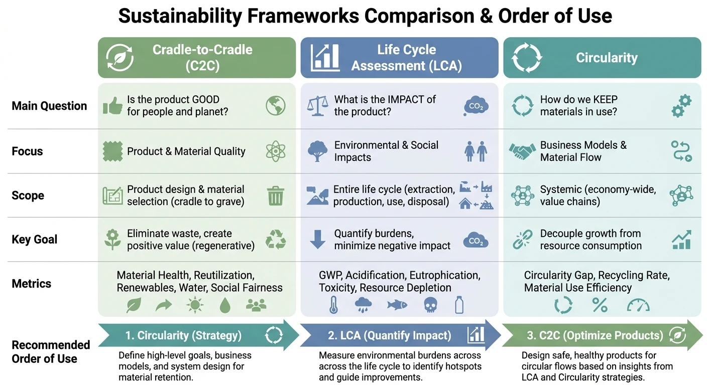C2C vs LCA vs Circularity: 3-Framework Decision Guide