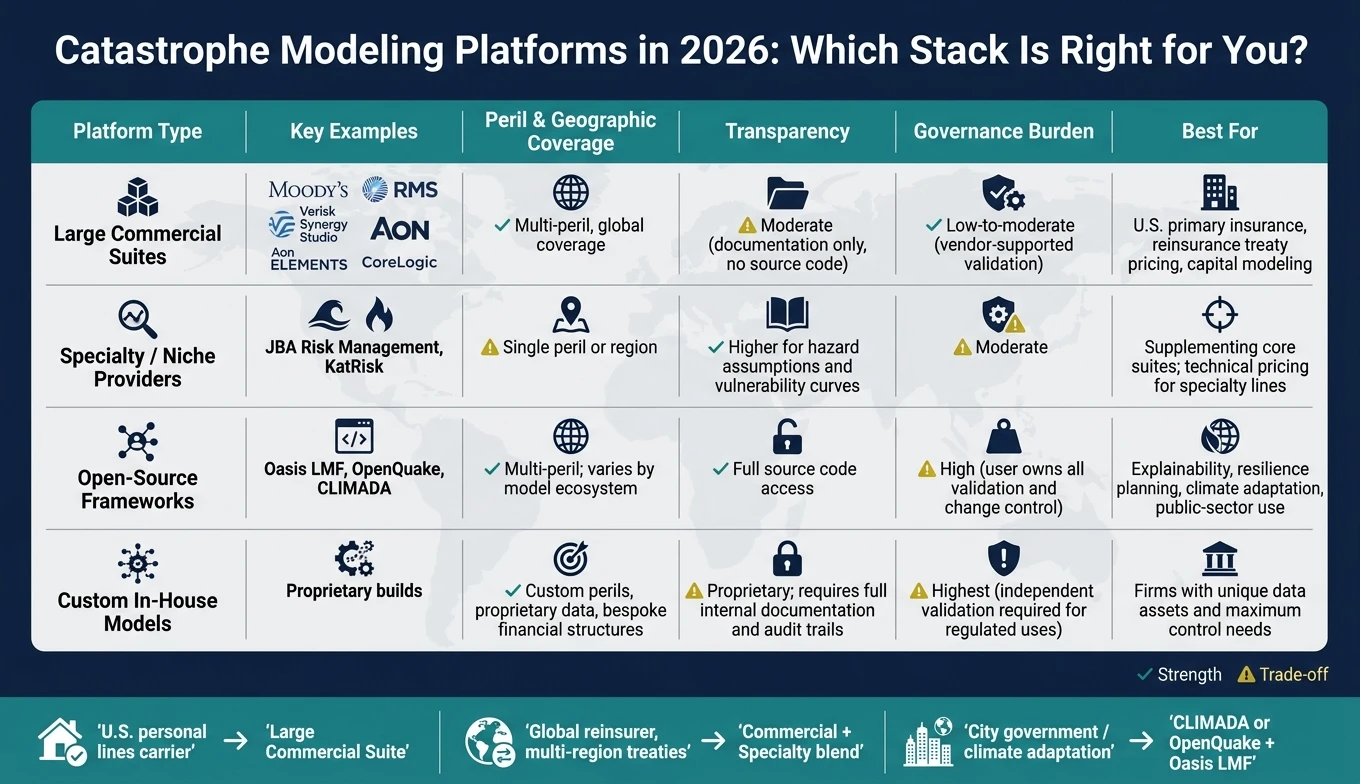 Catastrophe Model Platforms Compared: Commercial vs. Open-Source vs. In-House (2026)