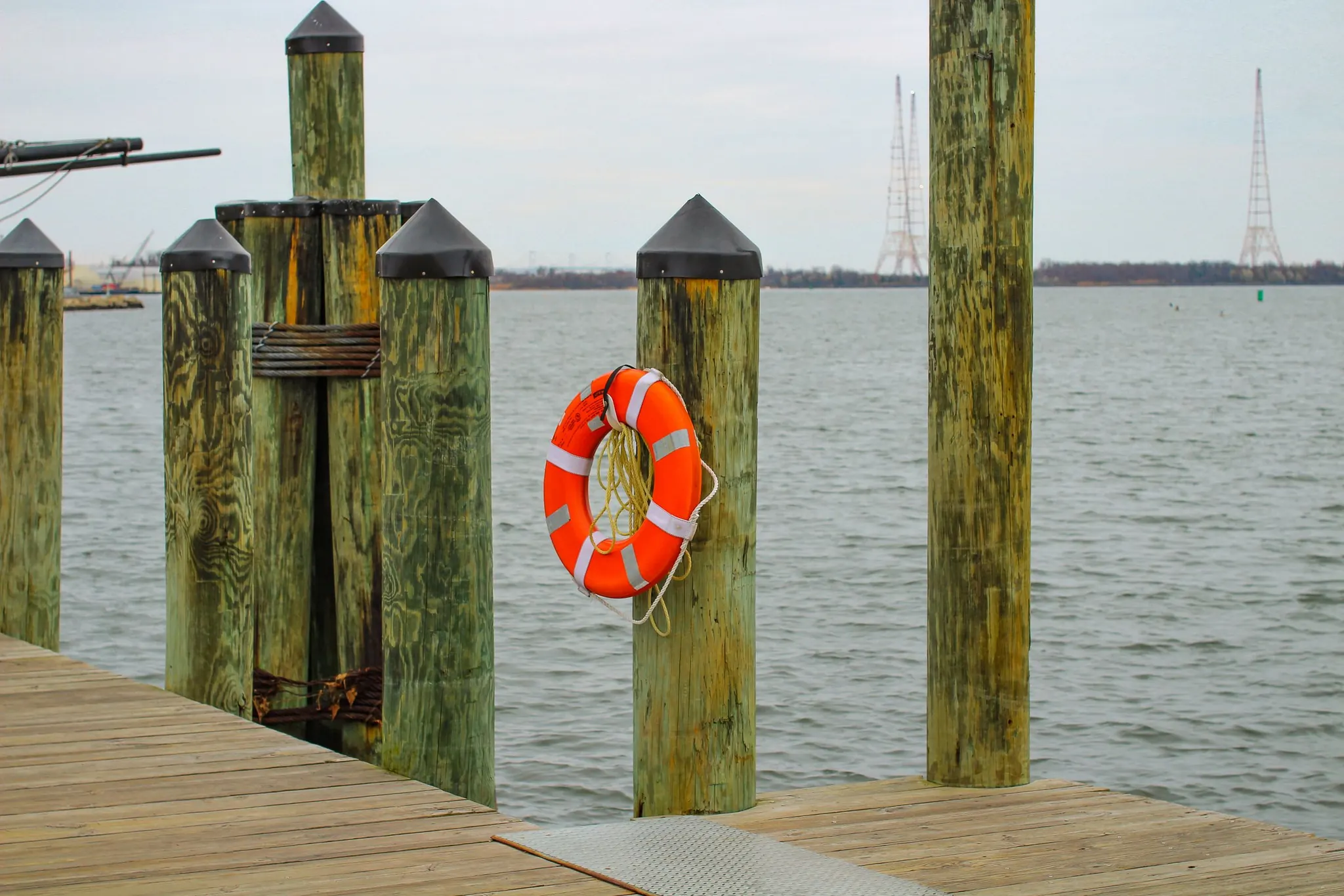A life ring on an Annapolis dock overlooking the Chesapeake Bay