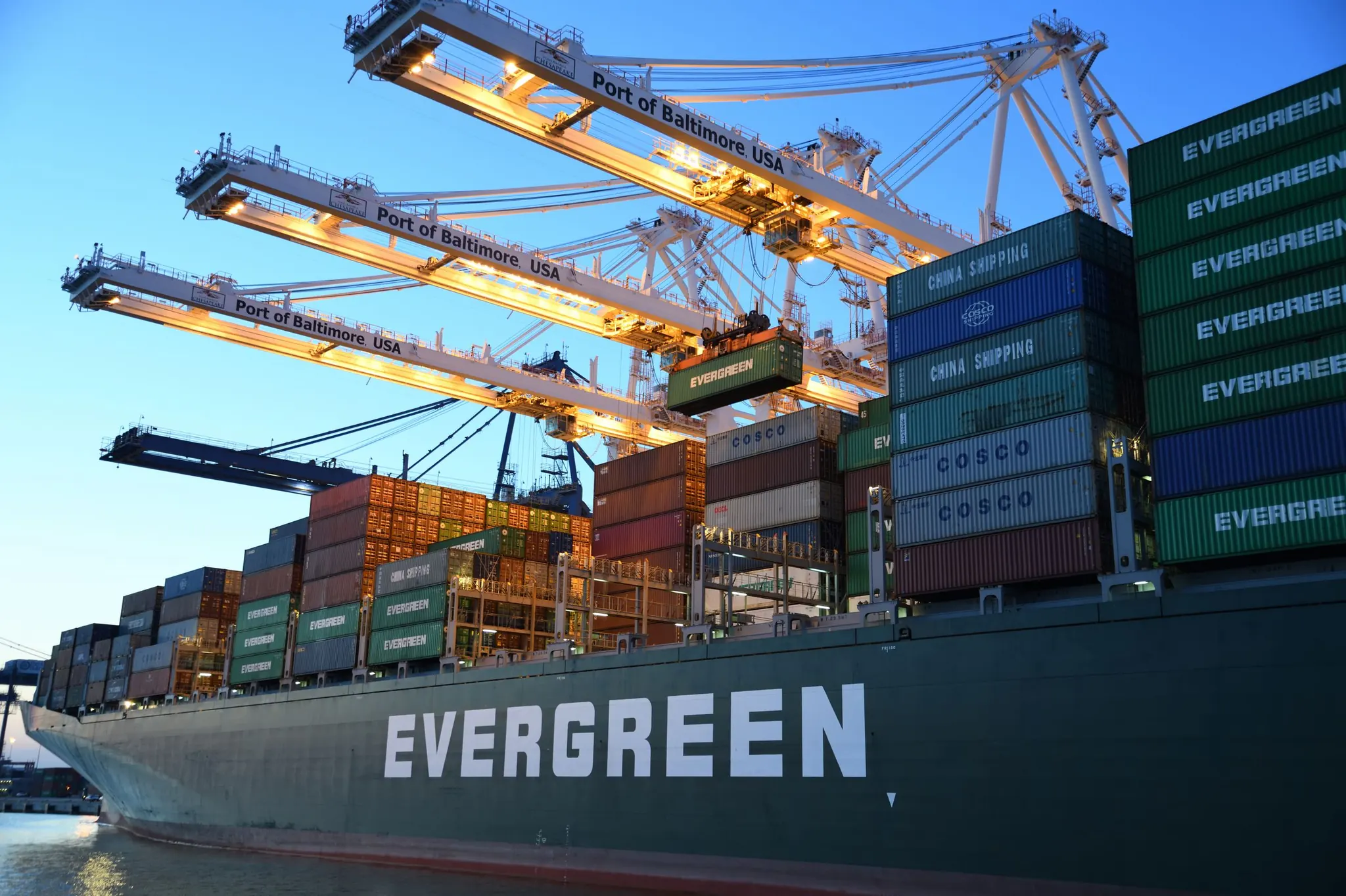 A container ship loading at the Port of Baltimore