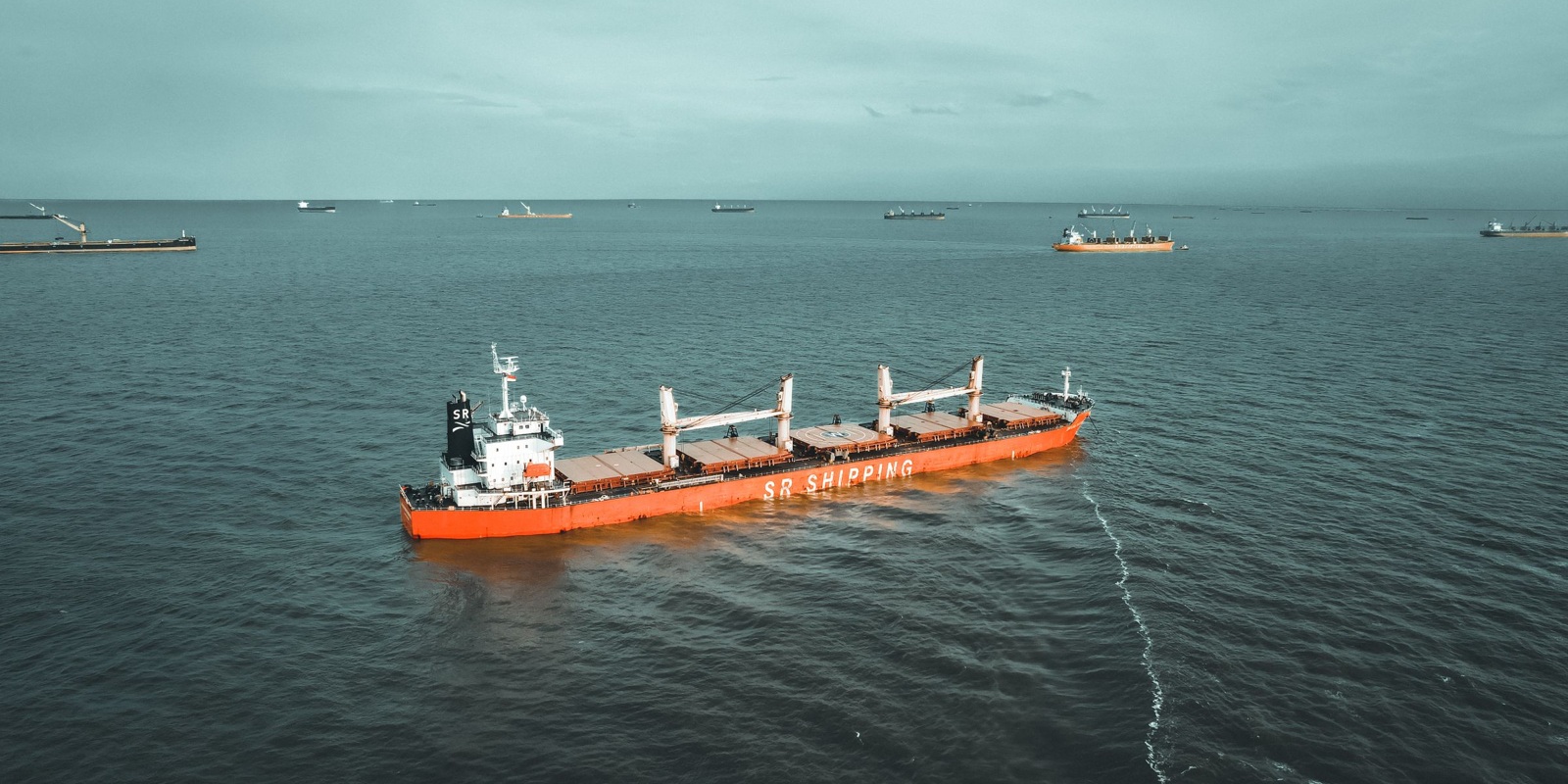 Orange cargo vessel on textured blue-green water, with other ships on the horizon.