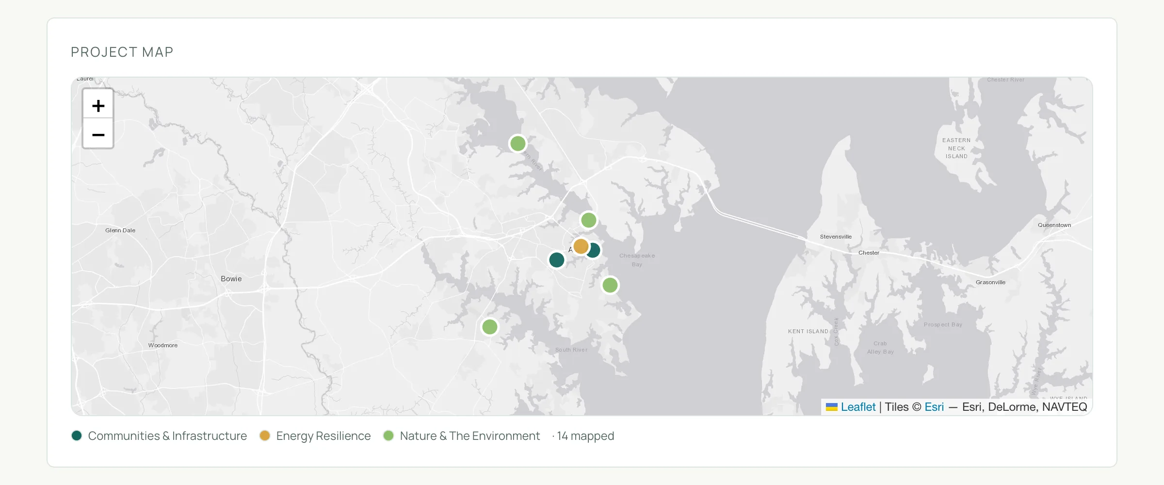 Aptation’s project map: the portfolio’s projects across Annapolis and Anne Arundel County, colored by category
